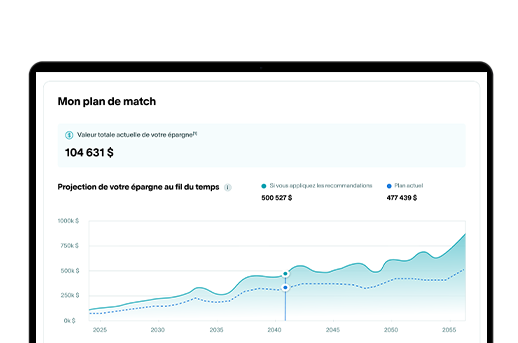 Vue sommaire de l'outil Mon plan de match; un graphique montre la projection de l'épargne au fil du temps.