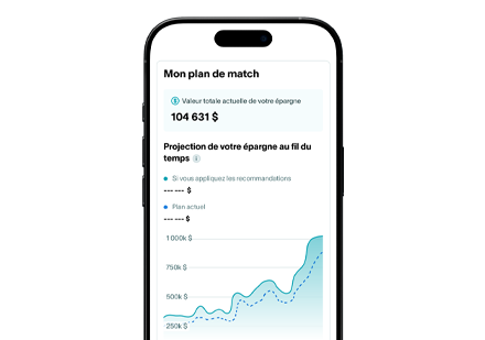 Vue sommaire de l'outil Mon plan de match; un graphique montre la projection de l'épargne au fil du temps.