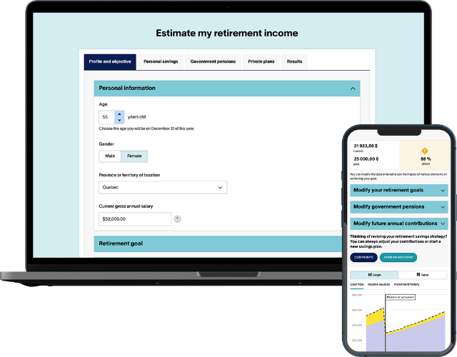 Front view of a laptop and a mobile phone displaying the web page of the retirement income calculator.