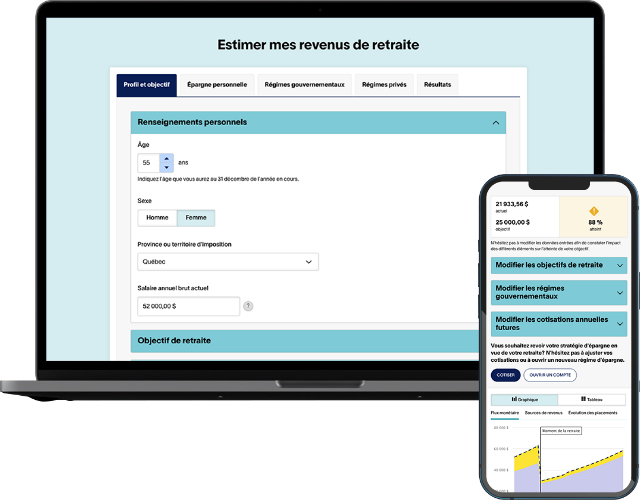 Vue de face d'un ordinateur portable et d'un téléphone mobile sur lesquels s'affiche la page web du calculateur de revenus de retraite
