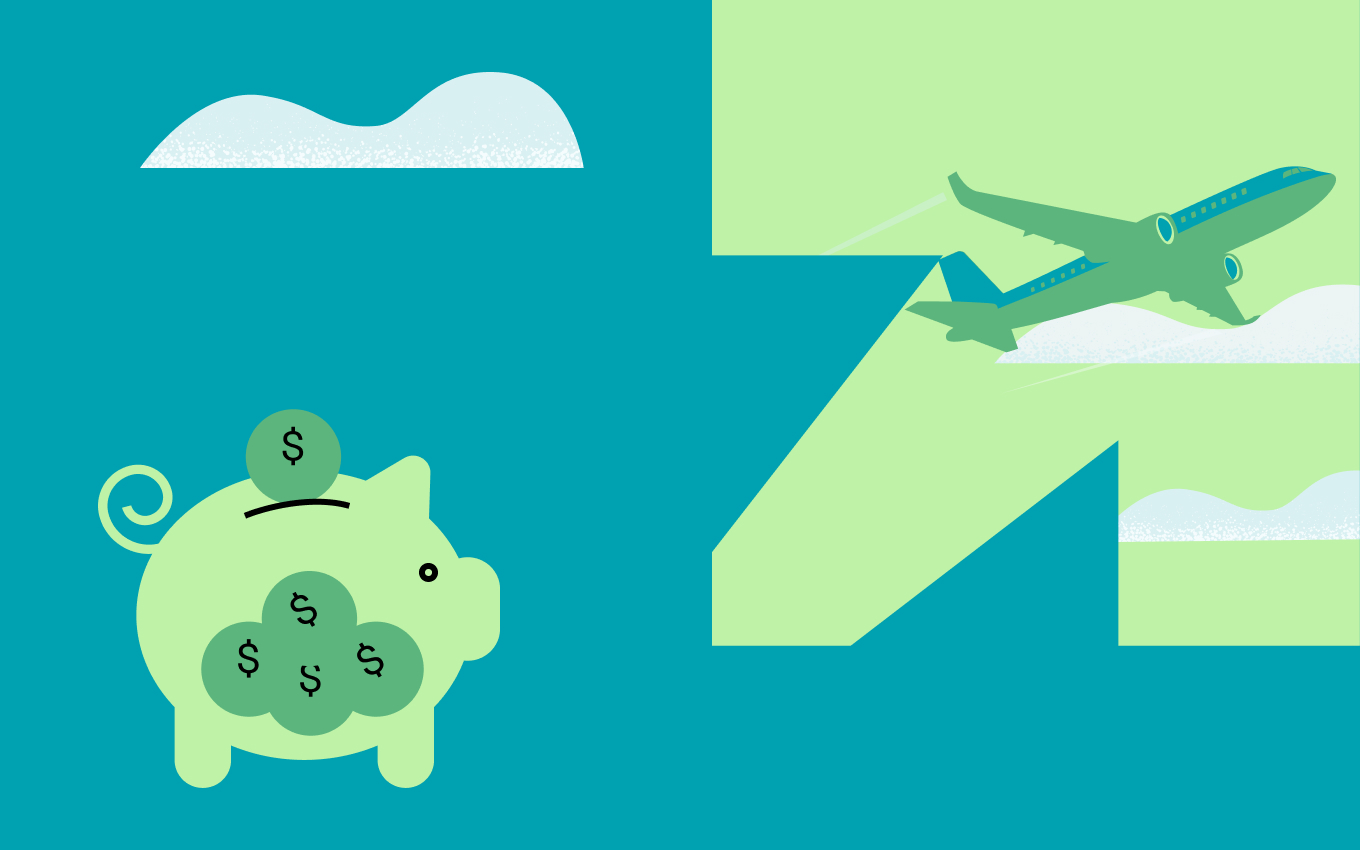 Illustration d'une tirelire qui contient des pièces de monnaie et d'un avion en vol.