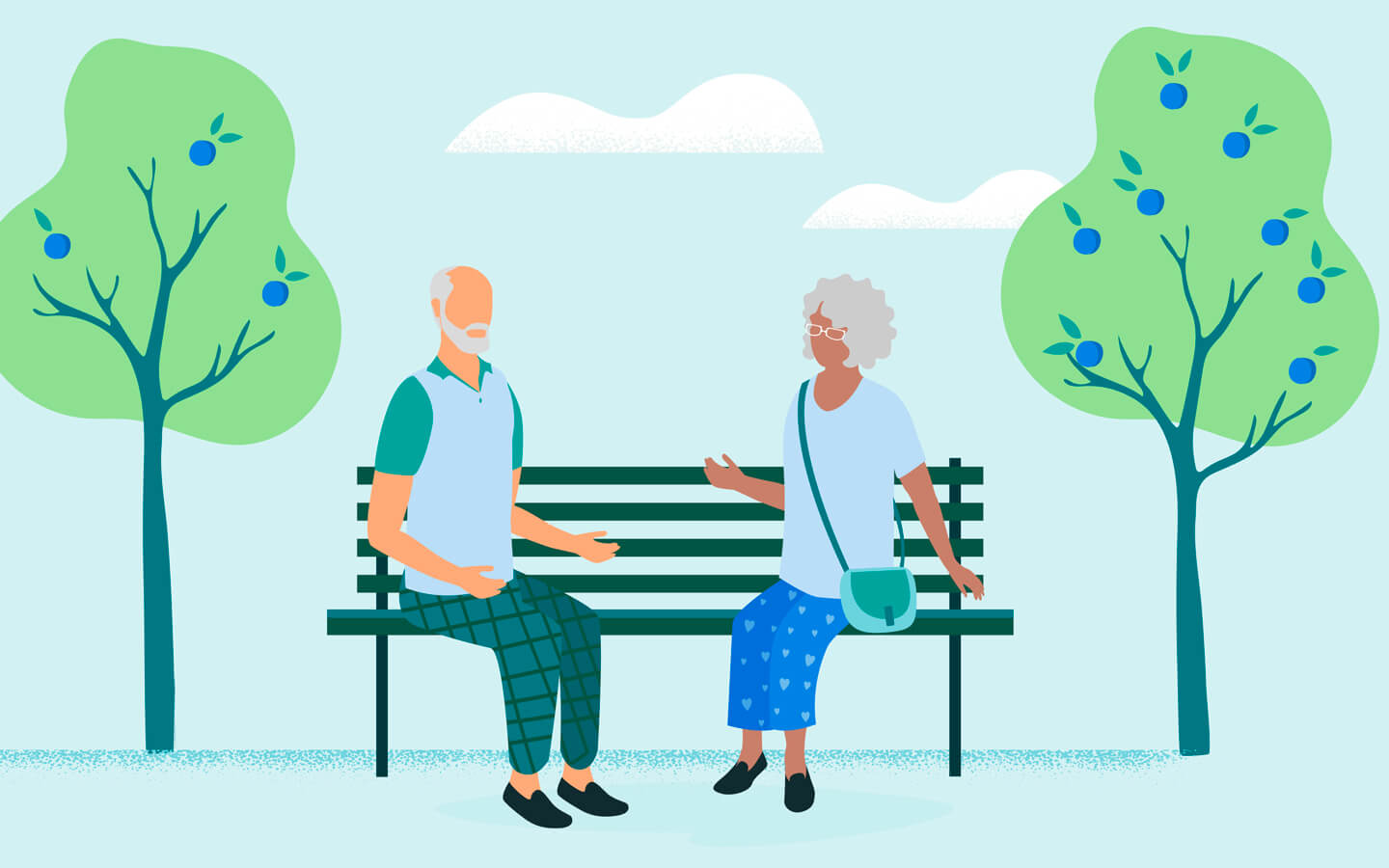 Illustration de deux personnes âgées assises sur un banc de parc.