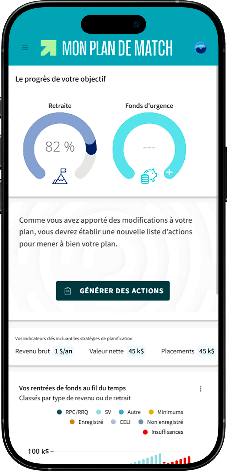 Écran de Mon plan de match où le bouton « Générer des actions » est mis en évidence.