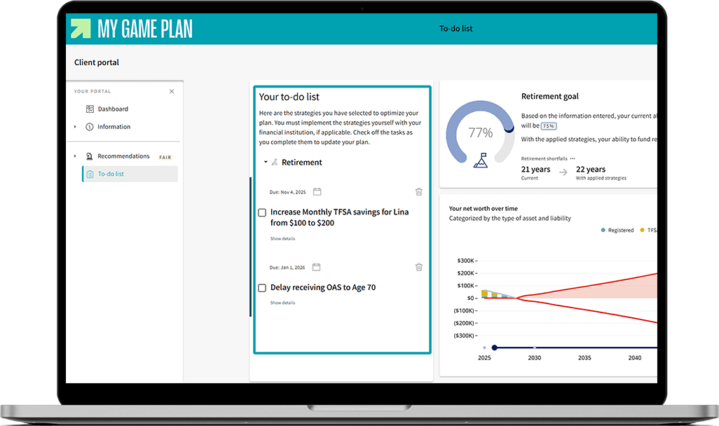 My Game Plan screen where the to-do list is highlighted.