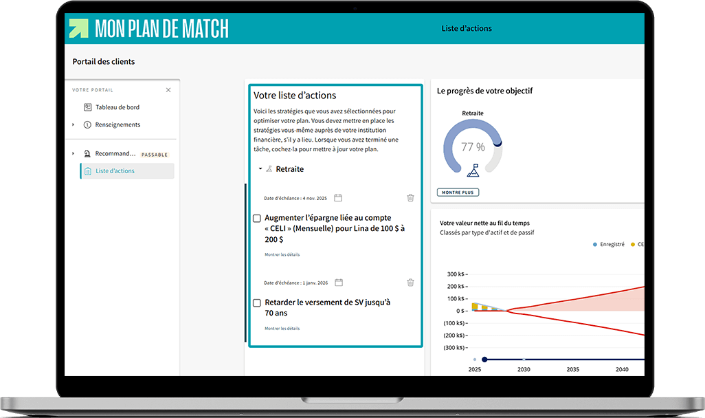 Écran de Mon plan de match où la liste d'actions est mise en évidence.