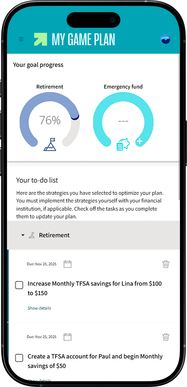 My Game Plan screen where the to-do list is highlighted.