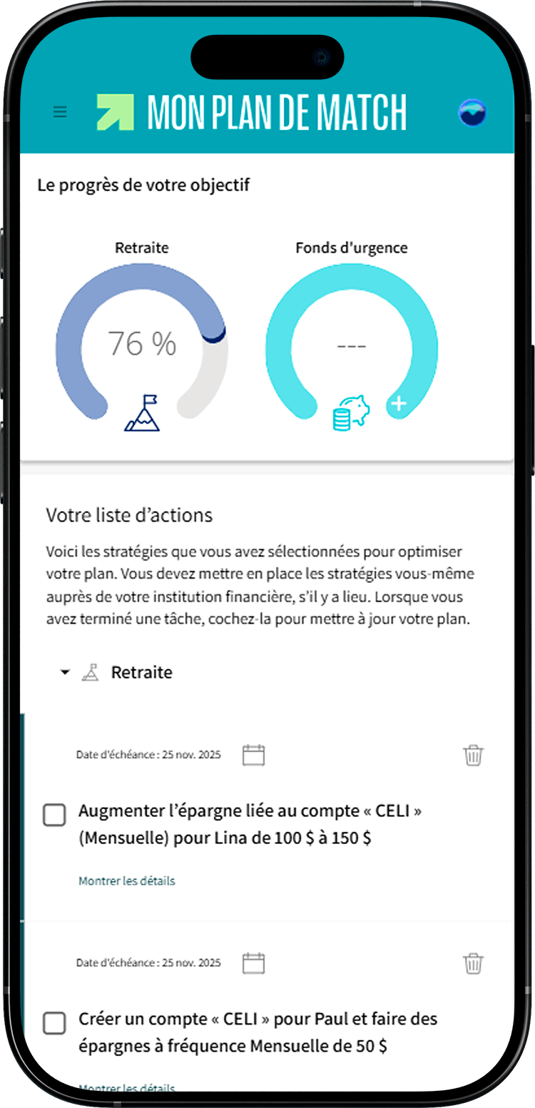 Écran de Mon plan de match où la liste d'actions est mise en évidence.