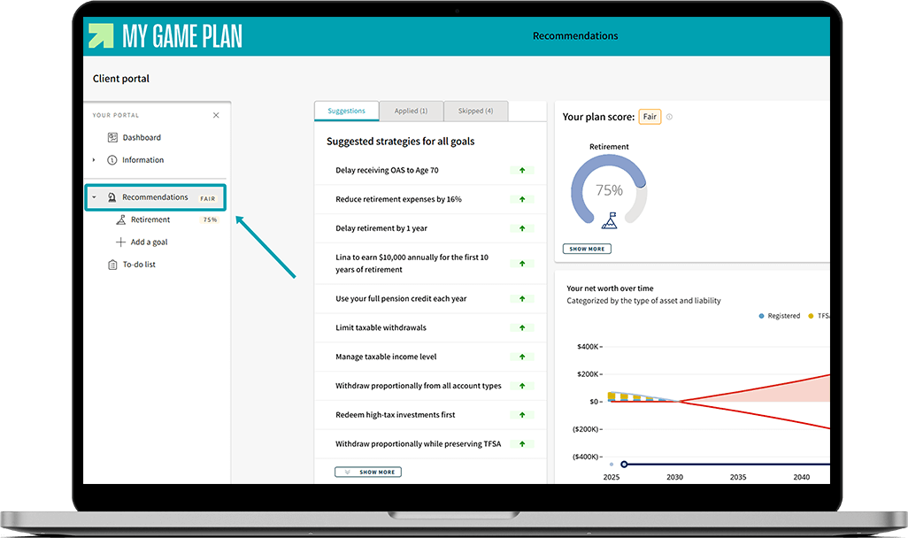 My Game Plan screen where an arrow shows the location of the “Recommendations” section.
