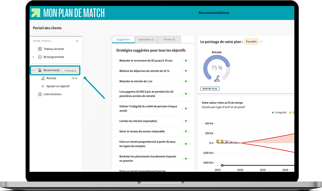 Écran de Mon plan de match où une flèche indique l'emplacement de la section « Recommandations ».