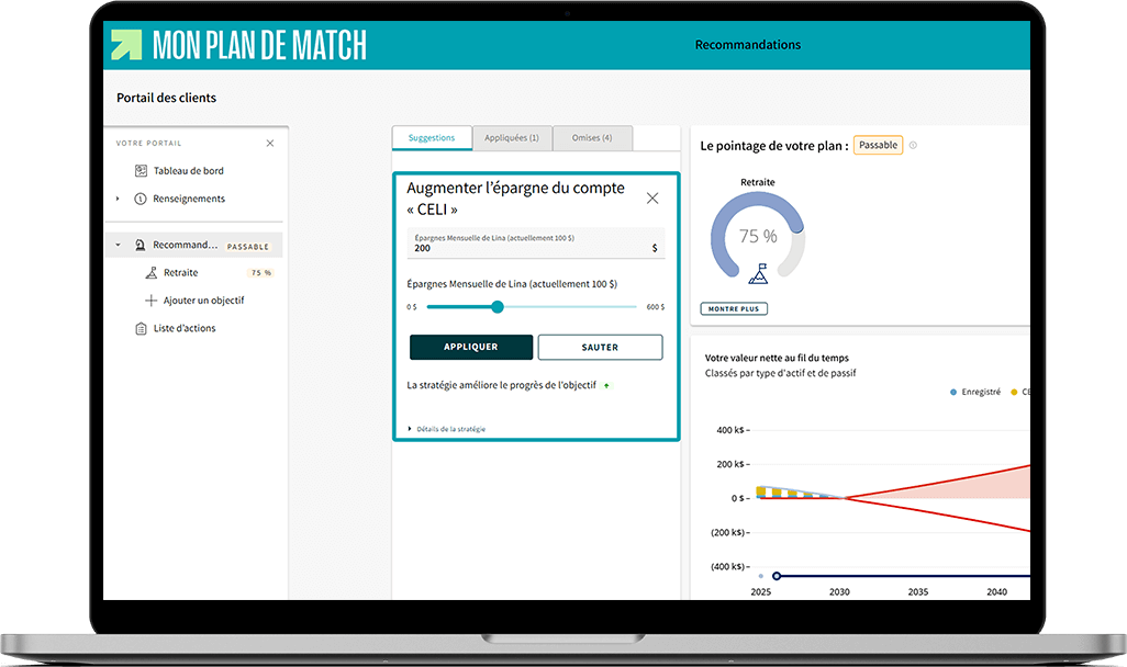 Écran de Mon plan de match où une stratégie est mise en évidence.