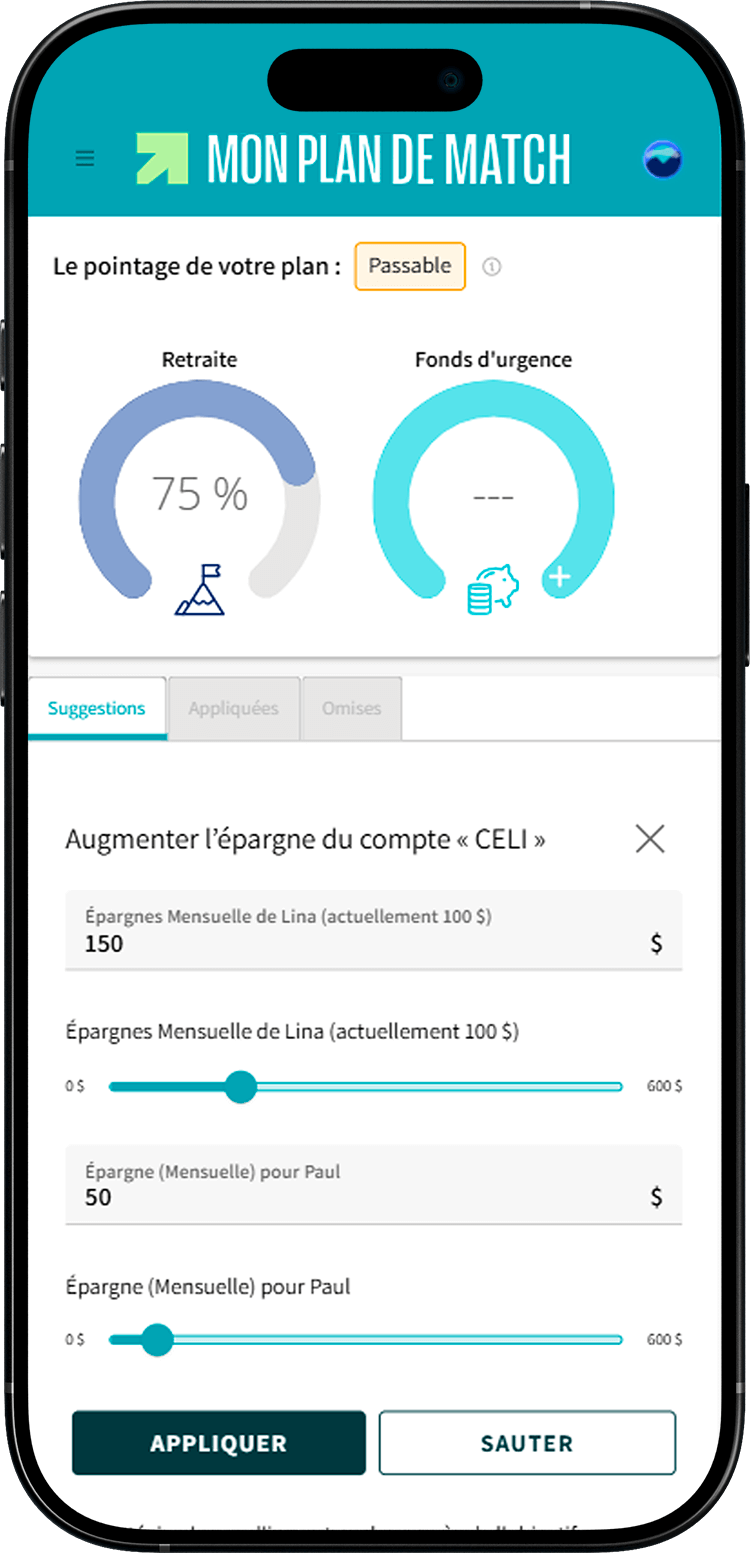 Écran de Mon plan de match où une stratégie est mise en évidence.