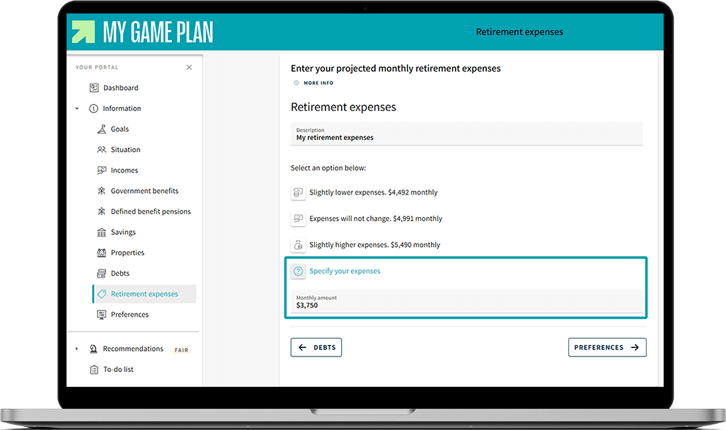 My Game Plan screen where the “Specify your expenses” field is highlighted.