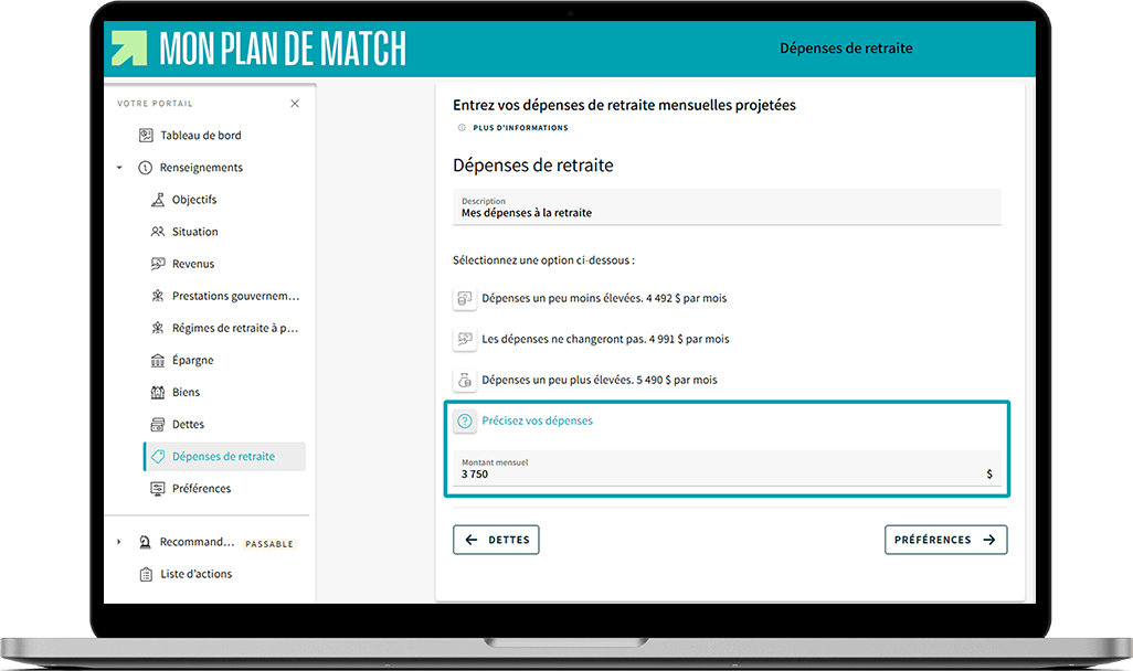 Écran de Mon plan de match où le champ « Précisez vos dépenses » est mis en évidence.