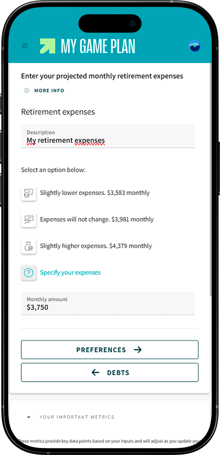 My Game Plan screen where the “Specify your expenses” field is highlighted.