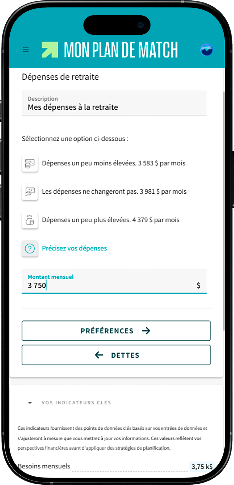 Écran de Mon plan de match où le champ « Précisez vos dépenses » est mis en évidence.