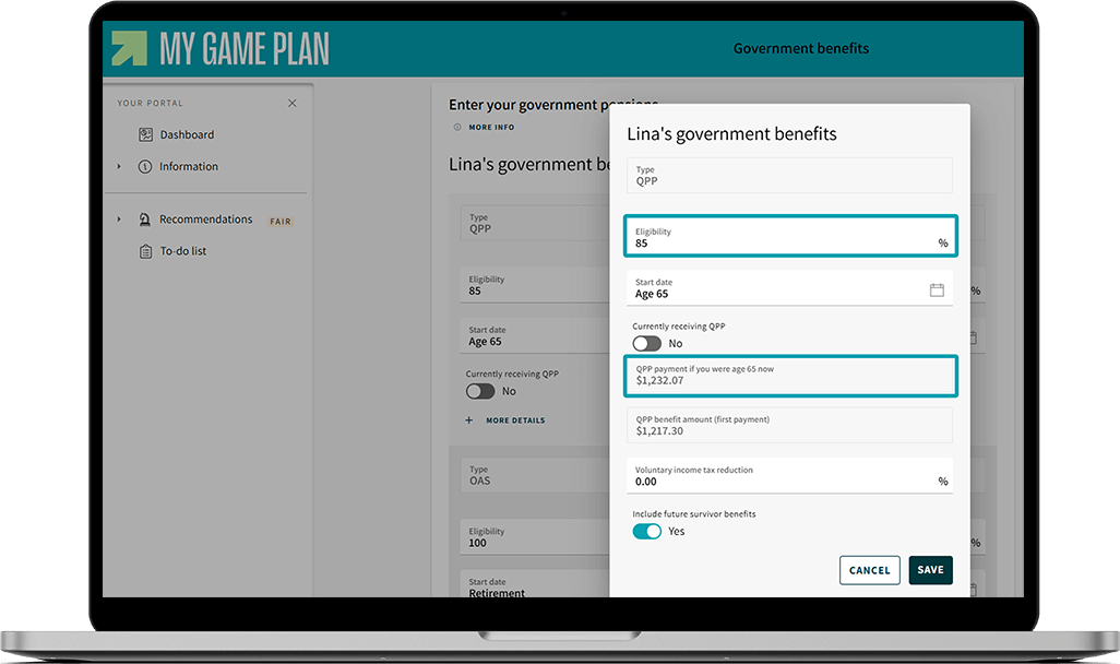 Screen of My Game Plan where the “Eligibility“ and “QPP payment if you were age 65 now“ are highlighted.