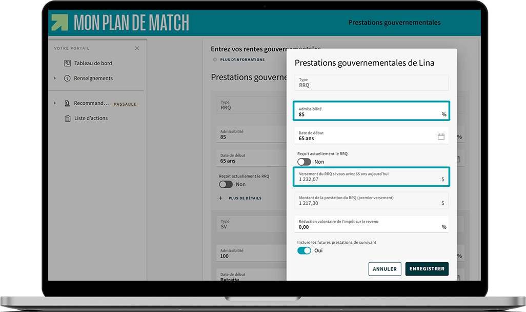 Écran de Mon plan de match où les champs « Admissibilité » et « Versement du RRQ si vous aviez 65 ans aujourd'hui » sont mis en évidence.