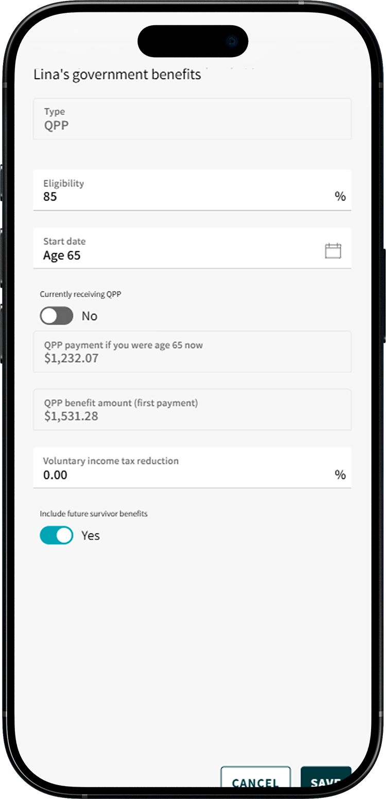 Screen of My Game Plan where the Eligibility and QPP payment if you were age 65 now