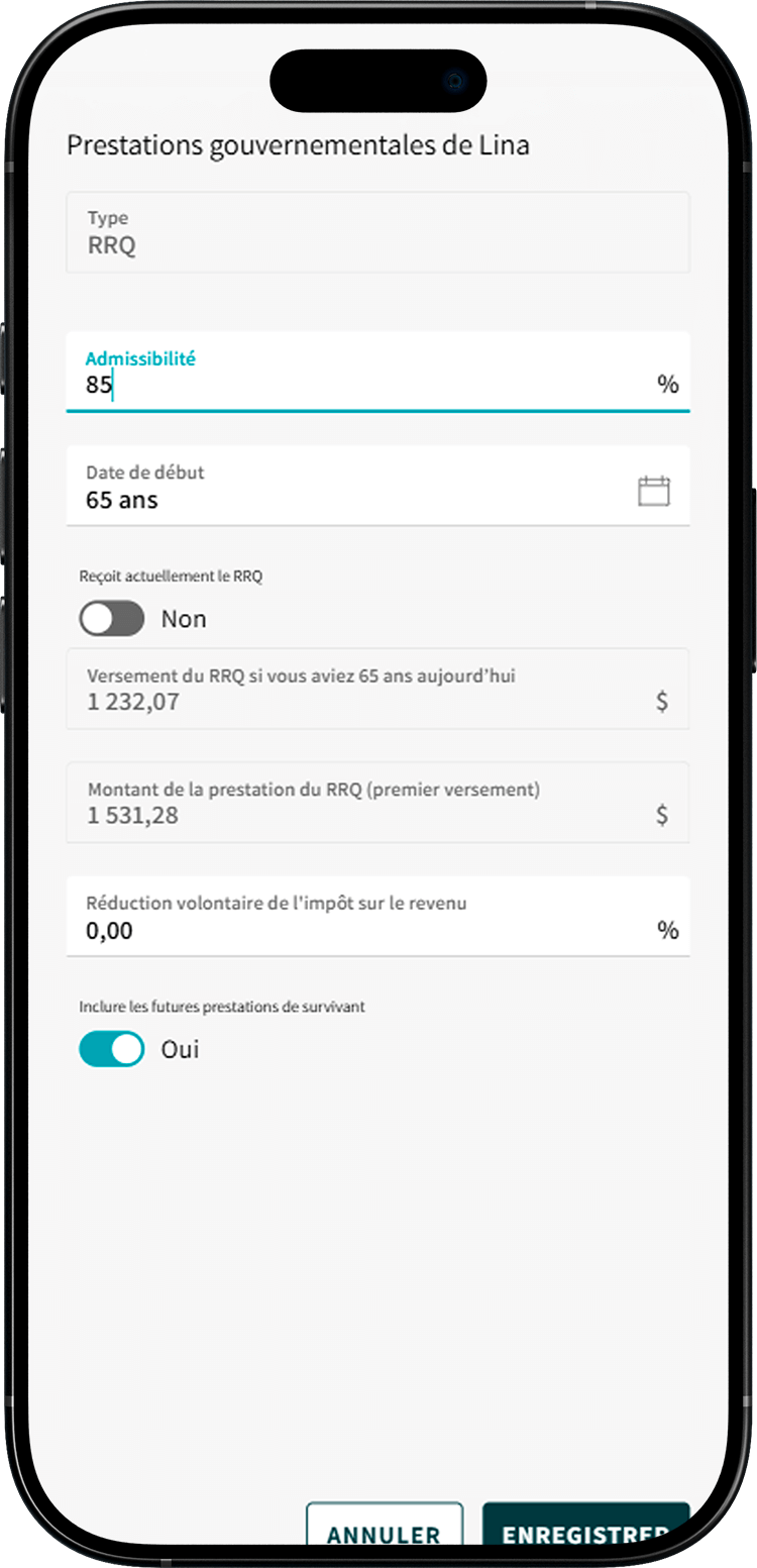 Écran de Mon plan de match où les champs « Admissibilité » et « Versement du RRQ si vous aviez 65 ans aujourd'hui » sont mis en évidence.
