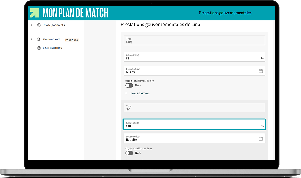 Écran de Mon plan de match où le champ d'admissibilité à la SV est mis en évidence.