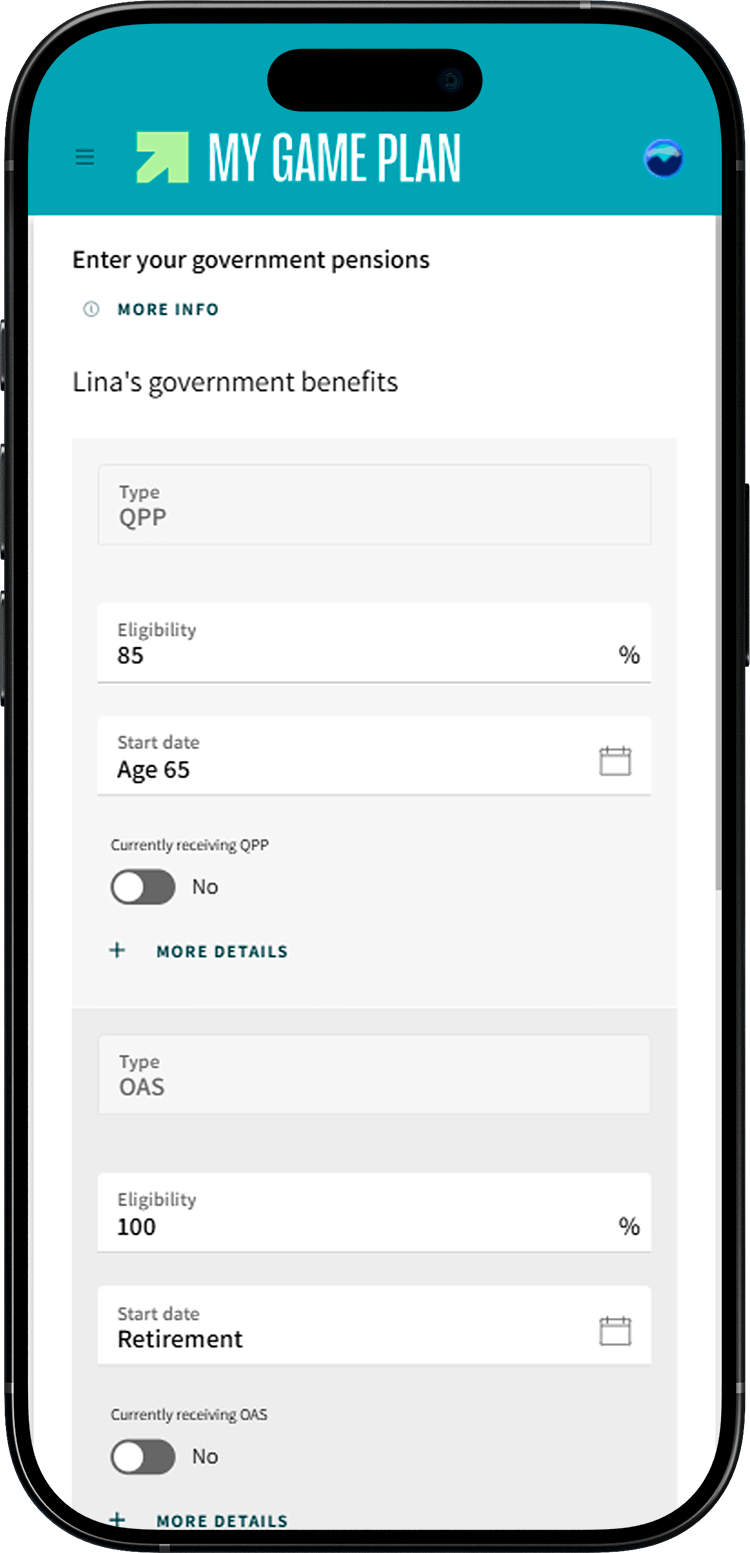 My Game Plan screen where the OAS eligibility field is highlighted.