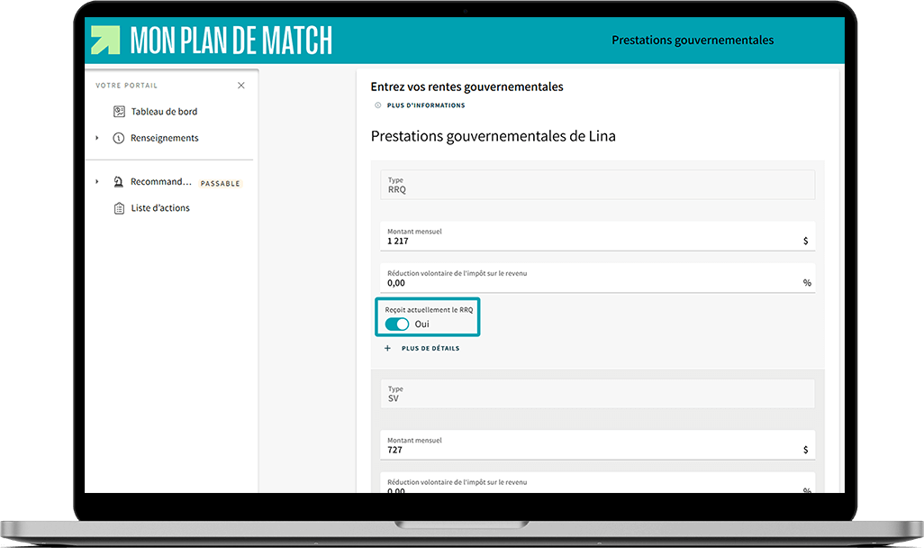 Écran de Mon plan de match où l'interrupteur « Reçoit actuellement le RRQ » est activé et mis en évidence.