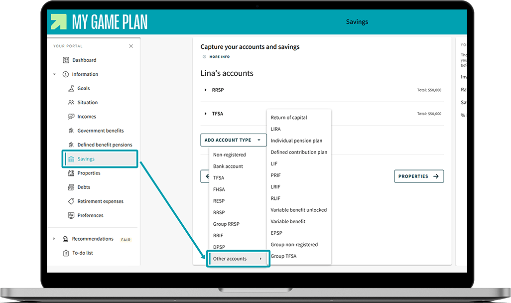 My Game Plan screen showing where is located the “Other accounts” option in the “Savings” section.