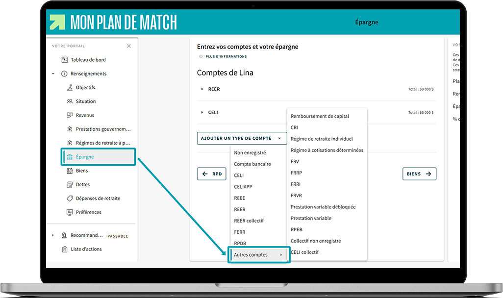 Écran de Mon plan de match montrant l'emplacement de l'option « Autres comptes » dans la section « Épargne ».