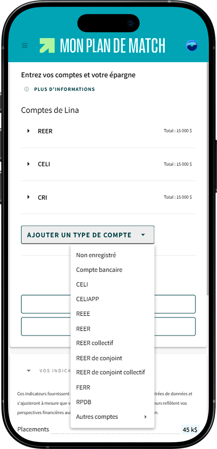 Écran de Mon plan de match montrant l'emplacement de l'option « Autres comptes » dans la section « Épargne ».