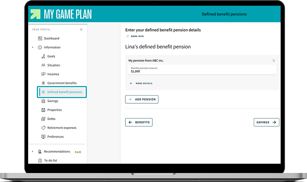 My Game Plan screen showing where is located the “Defined benefit pensions” section.