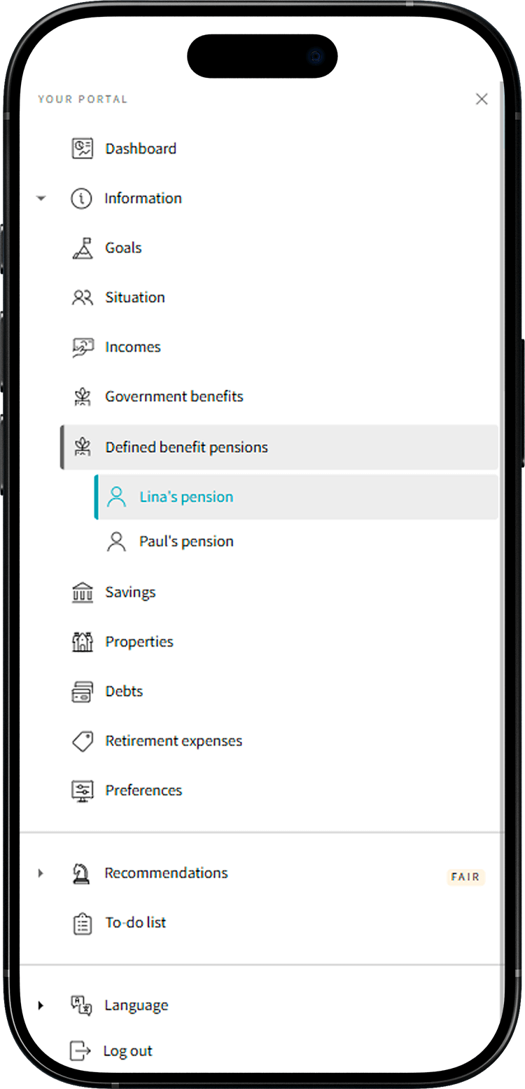 My Game Plan screen showing where is located the “Defined benefit pensions” section.