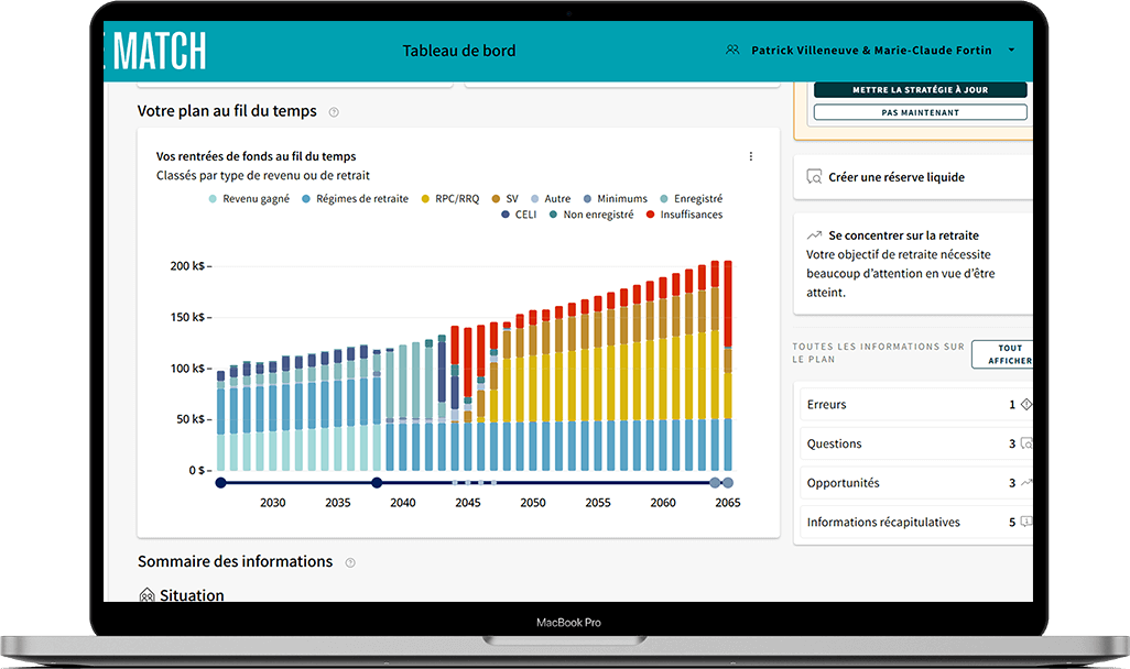 Écran de Mon plan de match montrant le graphique de décaissement « Vos rentrées de fonds au fil du temps ».