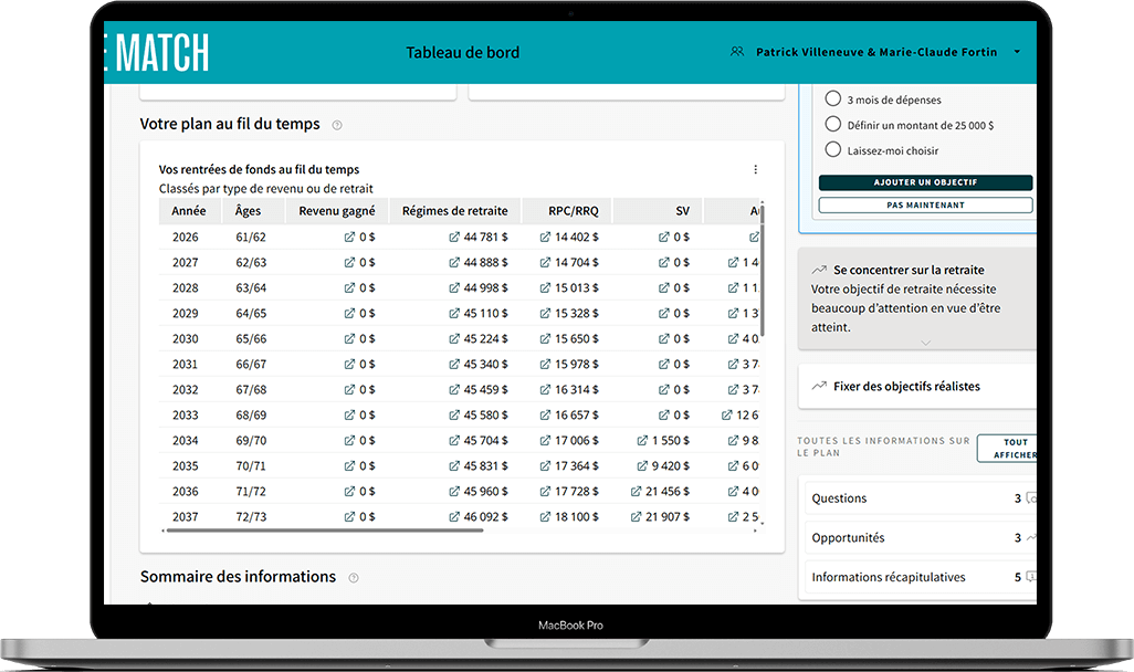 Écran de Mon plan de match montrant le tableau de décaissement « Vos rentrées de fonds au fil du temps ».