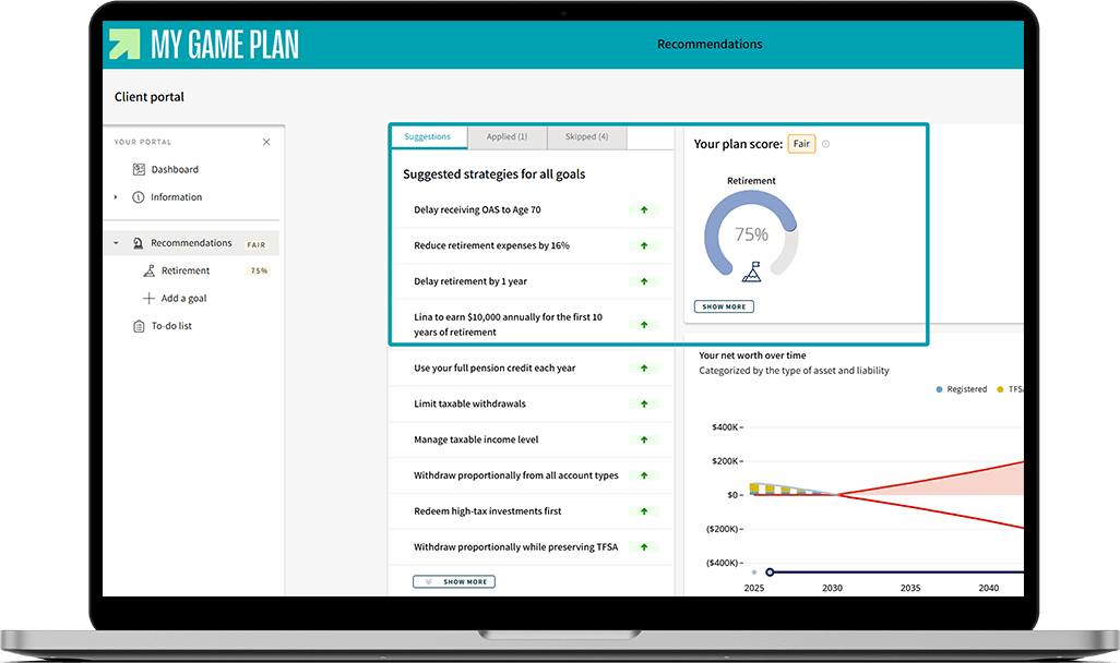 My Game Plan screen where the section about recommended strategies is highlighted.