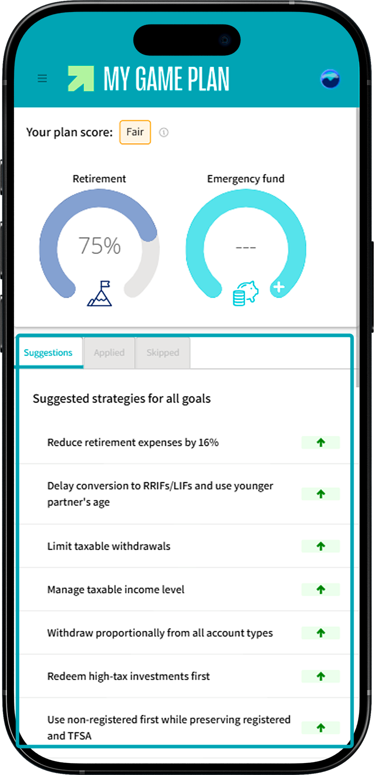 My Game Plan screen where the section about recommended strategies is highlighted.