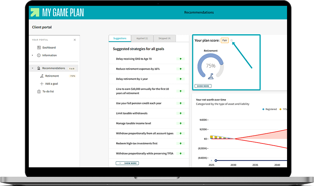 My Game Plan screen where an arrow shows the location of the tooltip to view the score details.