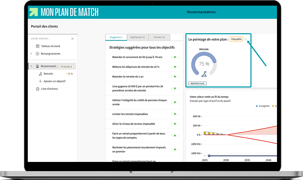  Écran de Mon plan de match où une flèche montre l'emplacement de l'infobulle pour voir les détails de la cote.