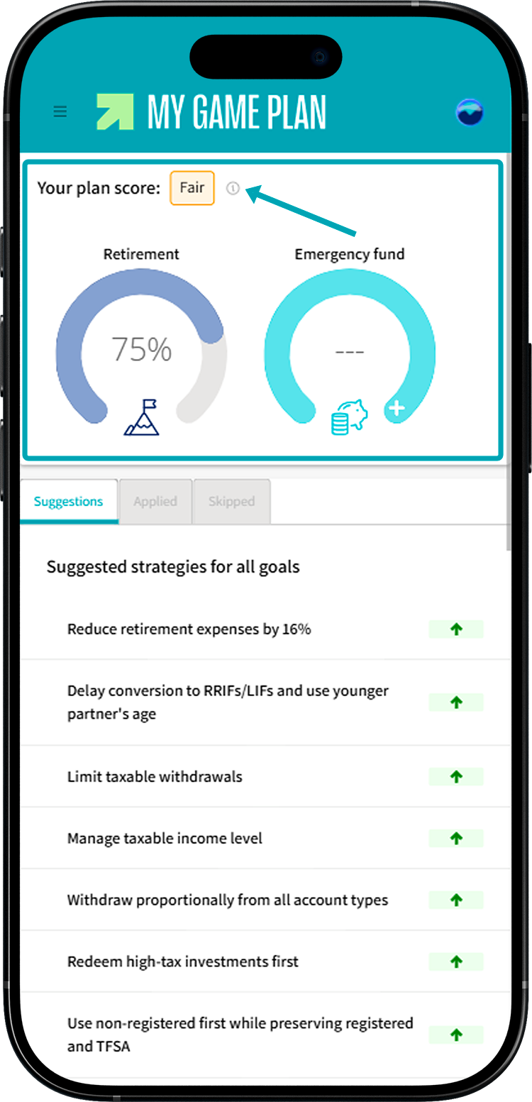 My Game Plan screen where an arrow show the location of the tooltip to view the score details.