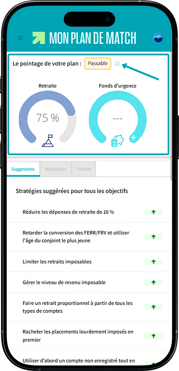  Écran de Mon plan de match où une flèche montre l'emplacement de l'infobulle pour voir les détails de la cote.