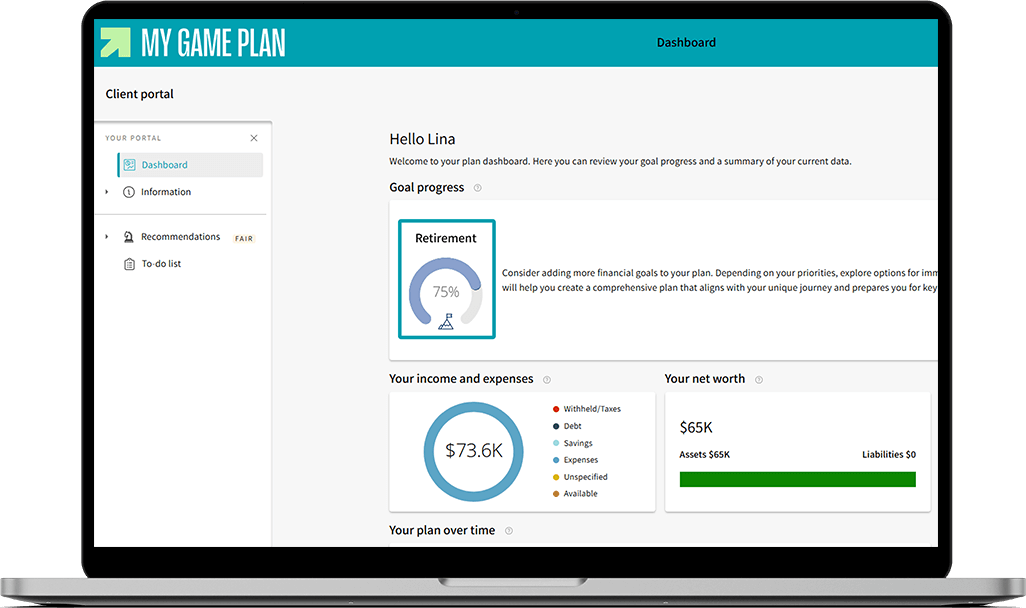 Screen of My Game Plan where the progress of the goal, expressed as a percentage, is highlighted.