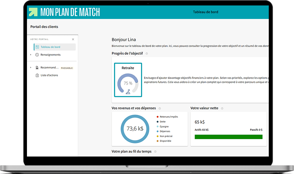 Écran de Mon plan de match où le progrès de l'objectif, exprimé en pourcentage, est mis en évidence.