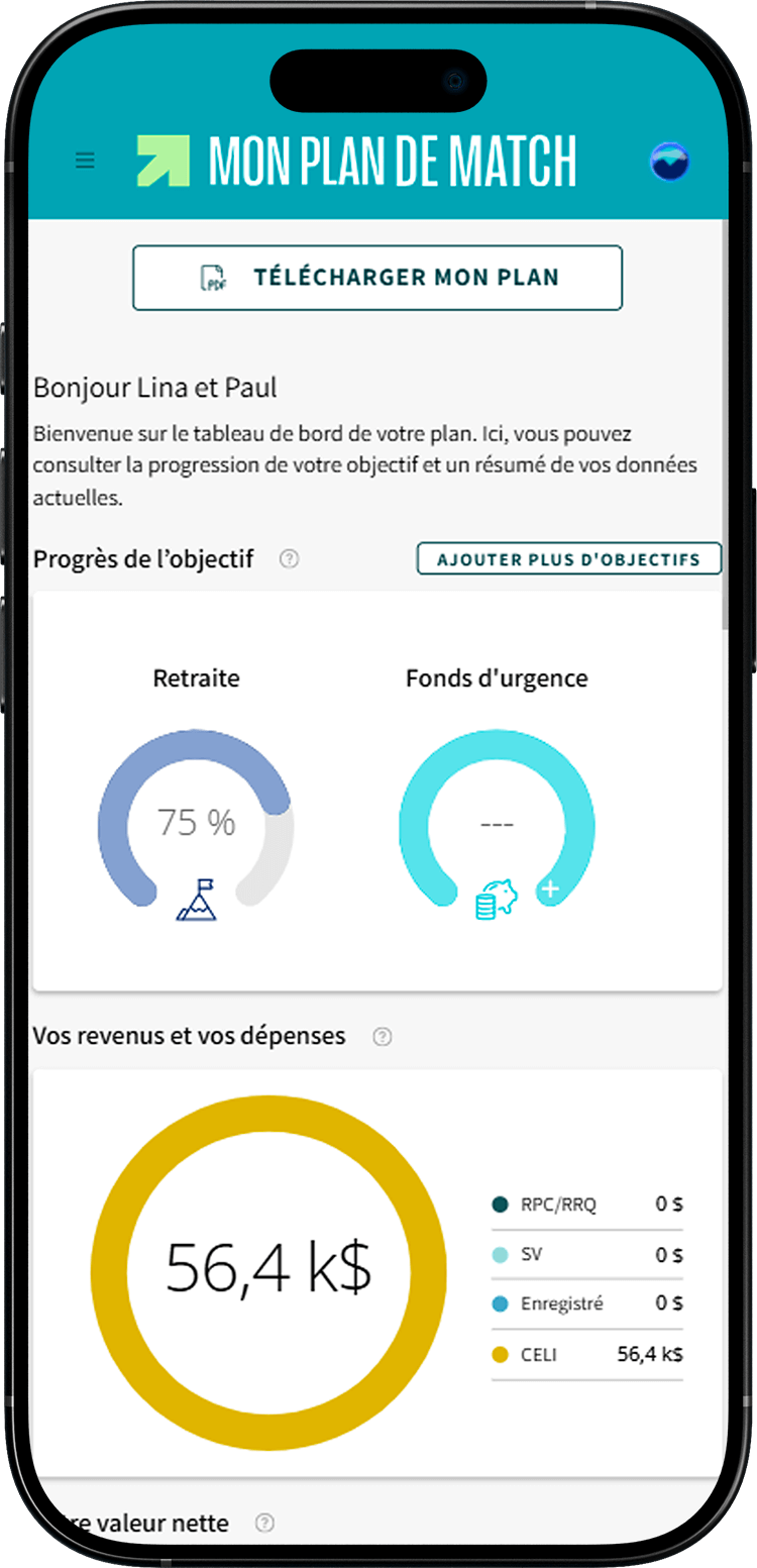 Écran de Mon plan de match où le progrès de l'objectif, exprimé en pourcentage, est mis en évidence.