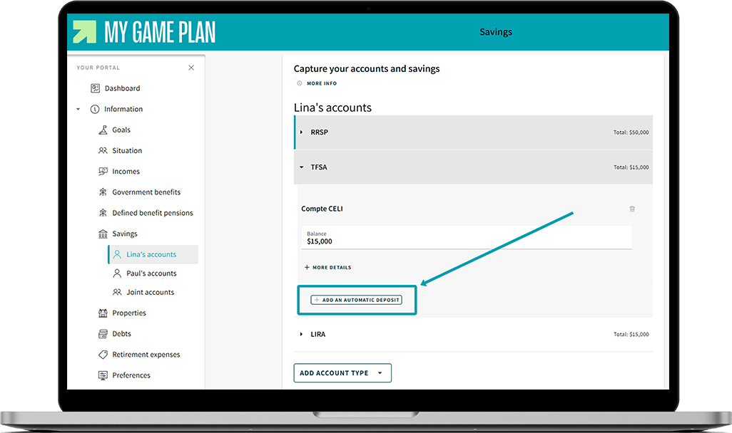 My Game Plan screen where an arrow points to the “Add an automatic deposit” button.