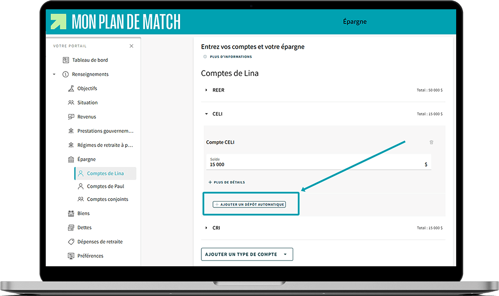 Écran de Mon plan de match où une flèche pointe vers le bouton « Ajouter un dépôt automatique ».
