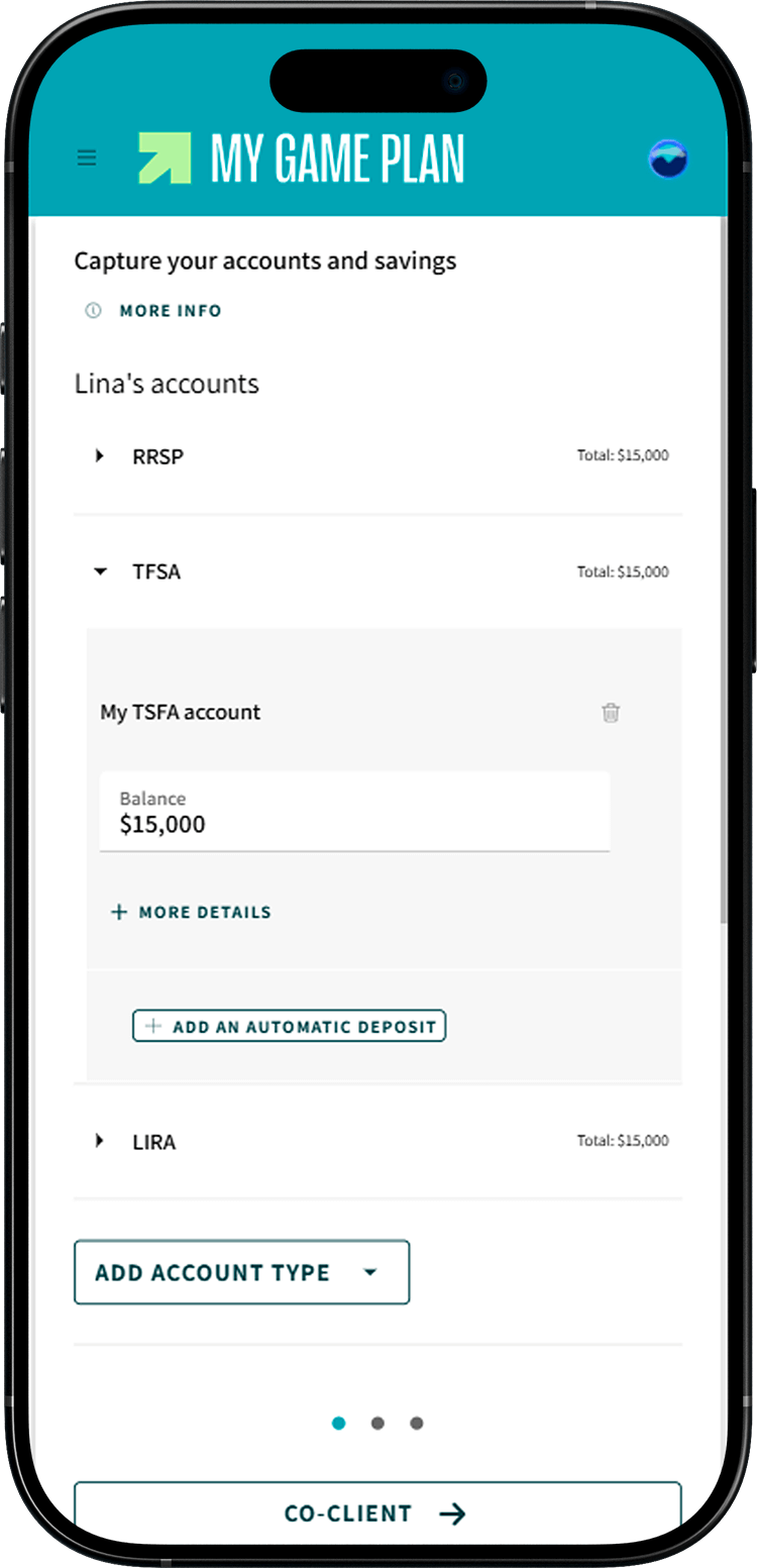 My Game Plan screen where an arrow points to the “Add an automatic deposit” button.
