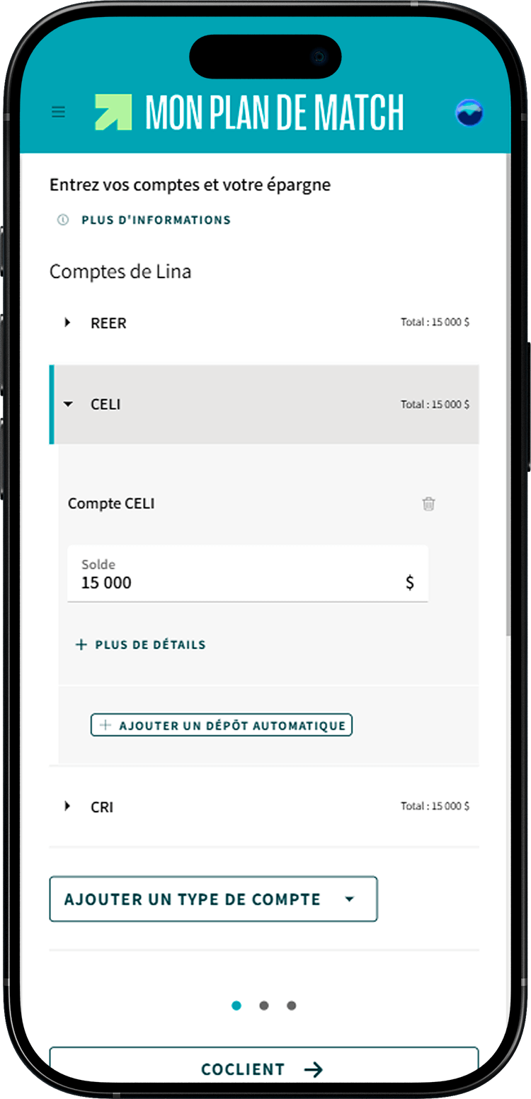 Écran de Mon plan de match où une flèche pointe vers le bouton « Ajouter un dépôt automatique ».