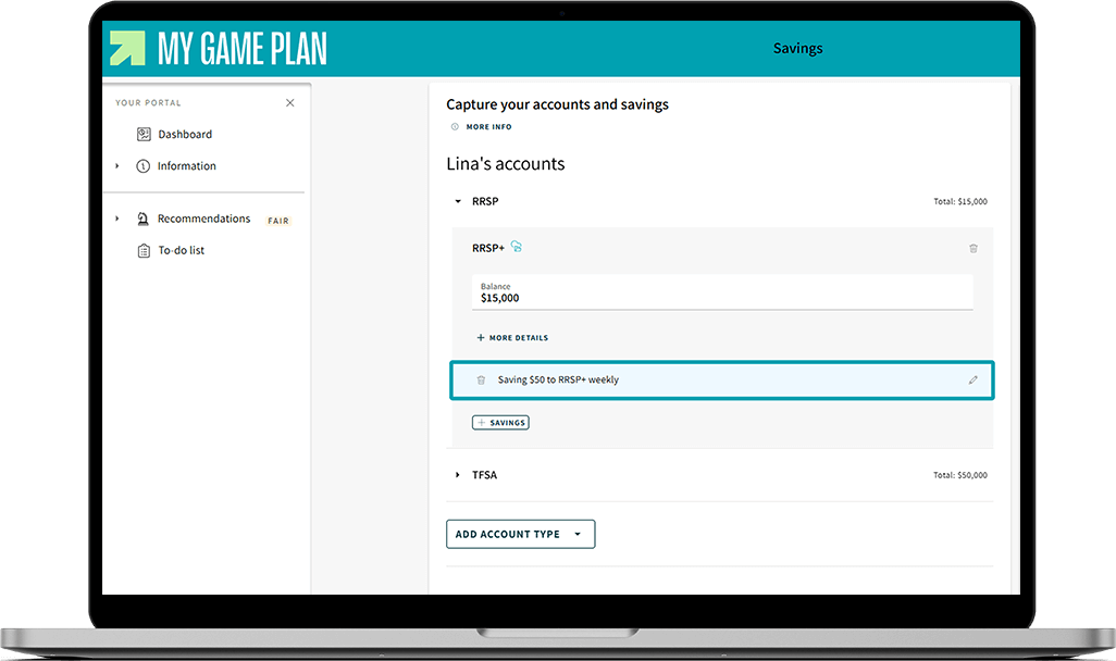My Game Plan screen where the section on automatic savings is highlighted.